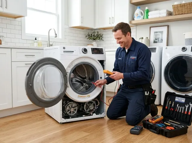 Appliance Repair Hero technician testing a front-load washer with a multimeter on a Bunnlevel, NC service call